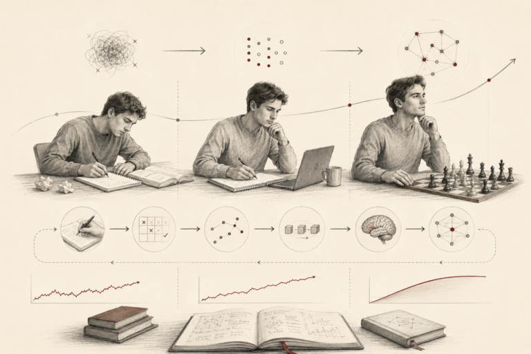 Minimal institutional research illustration showing the progression from novice practice to structured learning and expert performance, using a three-stage learning sequence, feedback icons, improvement curves, and knowledge-network diagrams.