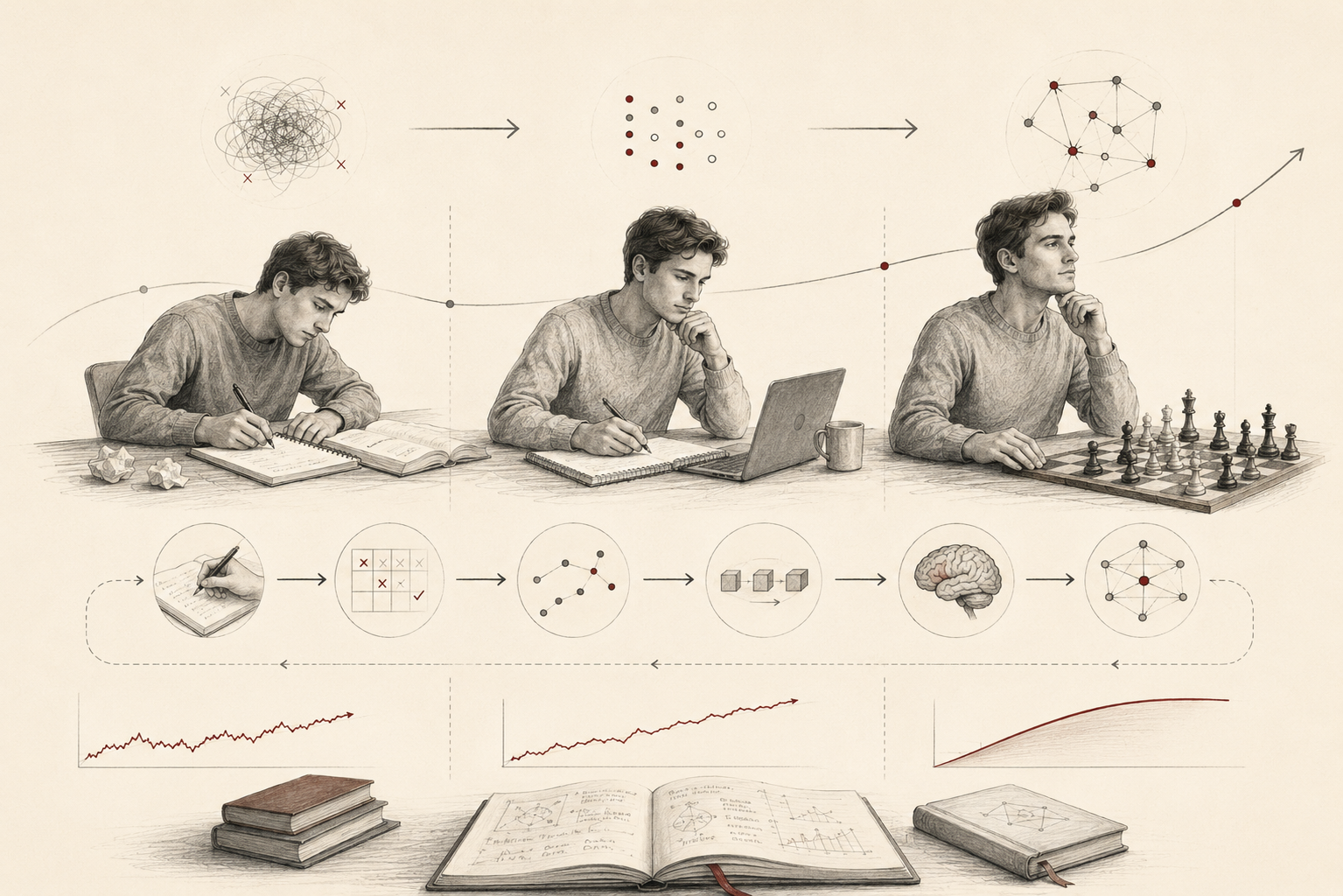 Minimal institutional research illustration showing the progression from novice practice to structured learning and expert performance, using a three-stage learning sequence, feedback icons, improvement curves, and knowledge-network diagrams.
