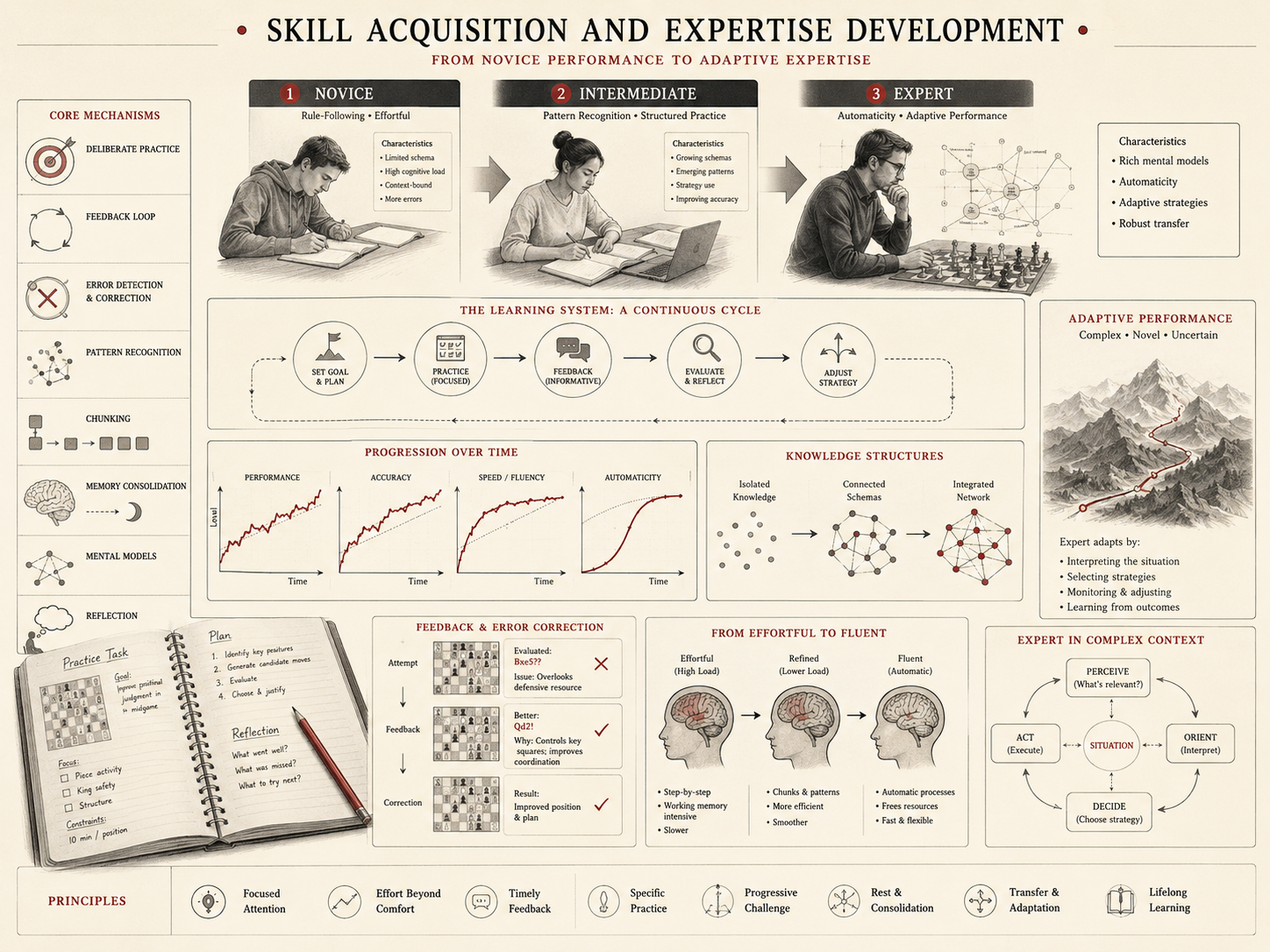 Research-grade infographic showing skill acquisition from novice to intermediate to expert performance, with practice, feedback, error correction, pattern recognition, chunking, memory consolidation, mental models, reflection, and adaptive performance.