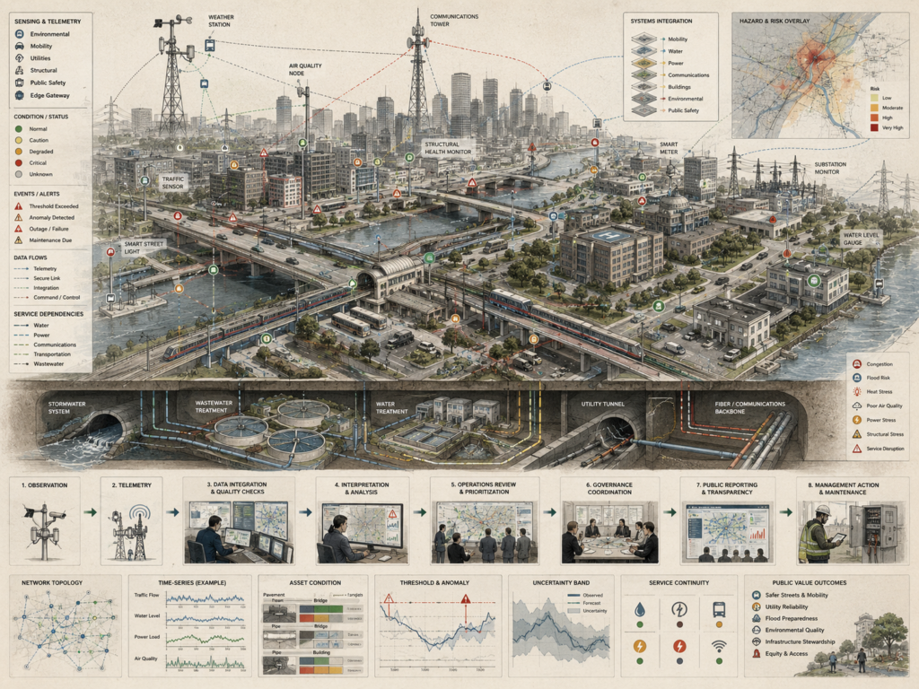 Restrained smart city infrastructure diagram showing urban sensors, transportation, water, power, communications, stormwater, telemetry, risk overlays, governance review, and resilience pathways.