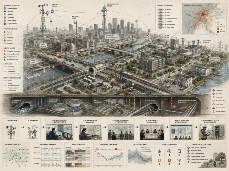 Restrained smart city infrastructure diagram showing urban sensors, transportation, water, power, communications, stormwater, telemetry, risk overlays, governance review, and resilience pathways.