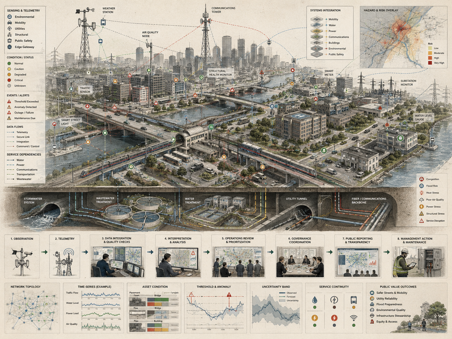 Restrained smart city infrastructure diagram showing urban sensors, transportation, water, power, communications, stormwater, telemetry, risk overlays, governance review, and resilience pathways.