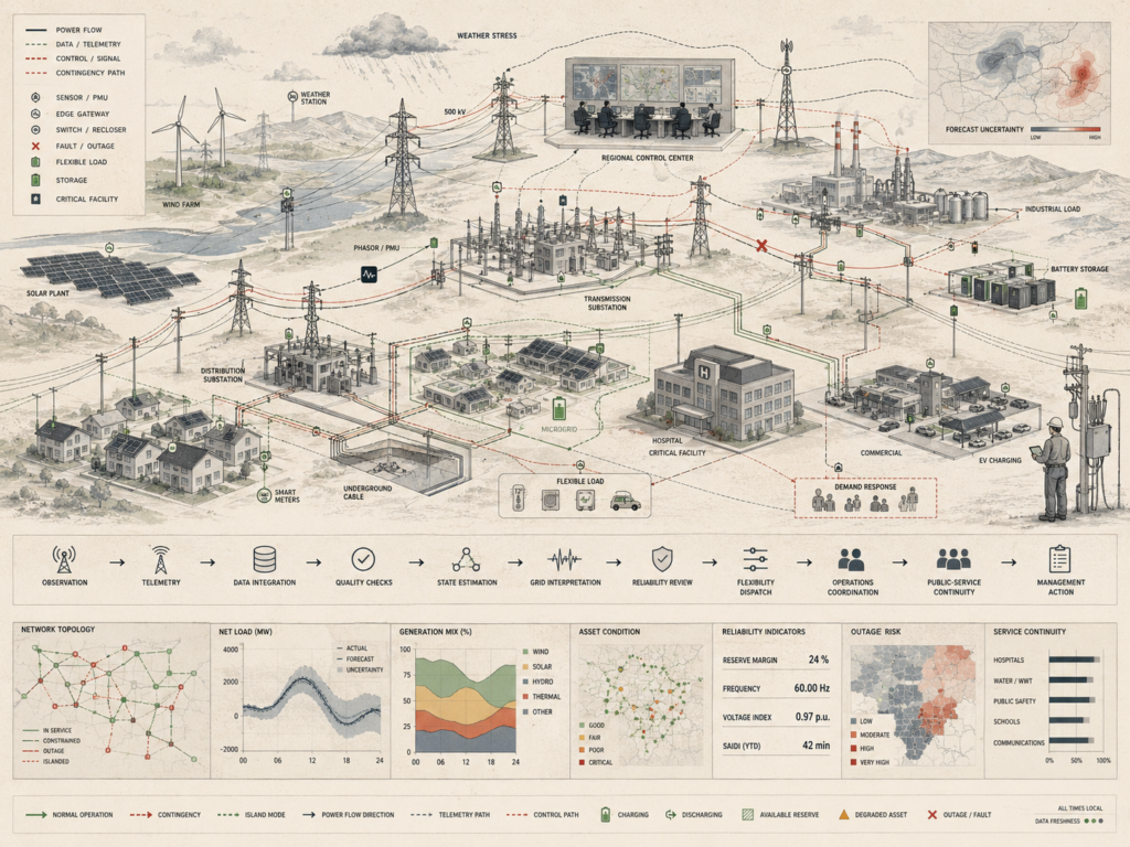 Restrained smart energy grid diagram showing wind and solar generation, transmission lines, substations, battery storage, microgrids, smart meters, telemetry, outage risk, reliability indicators, and control pathways.