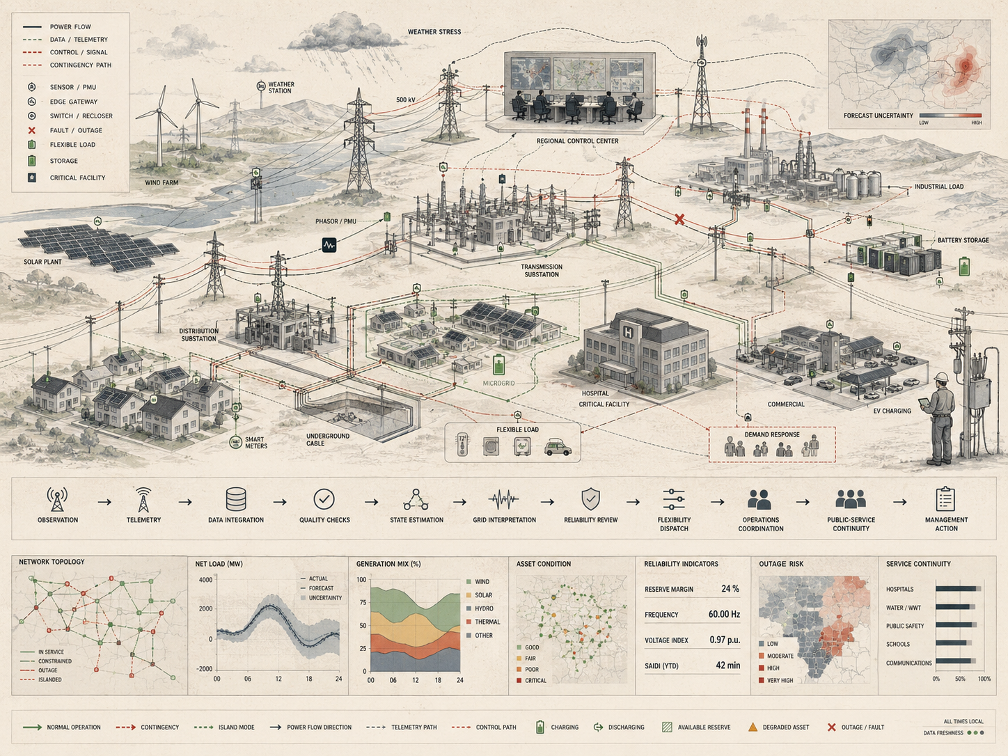 Restrained smart energy grid diagram showing wind and solar generation, transmission lines, substations, battery storage, microgrids, smart meters, telemetry, outage risk, reliability indicators, and control pathways.