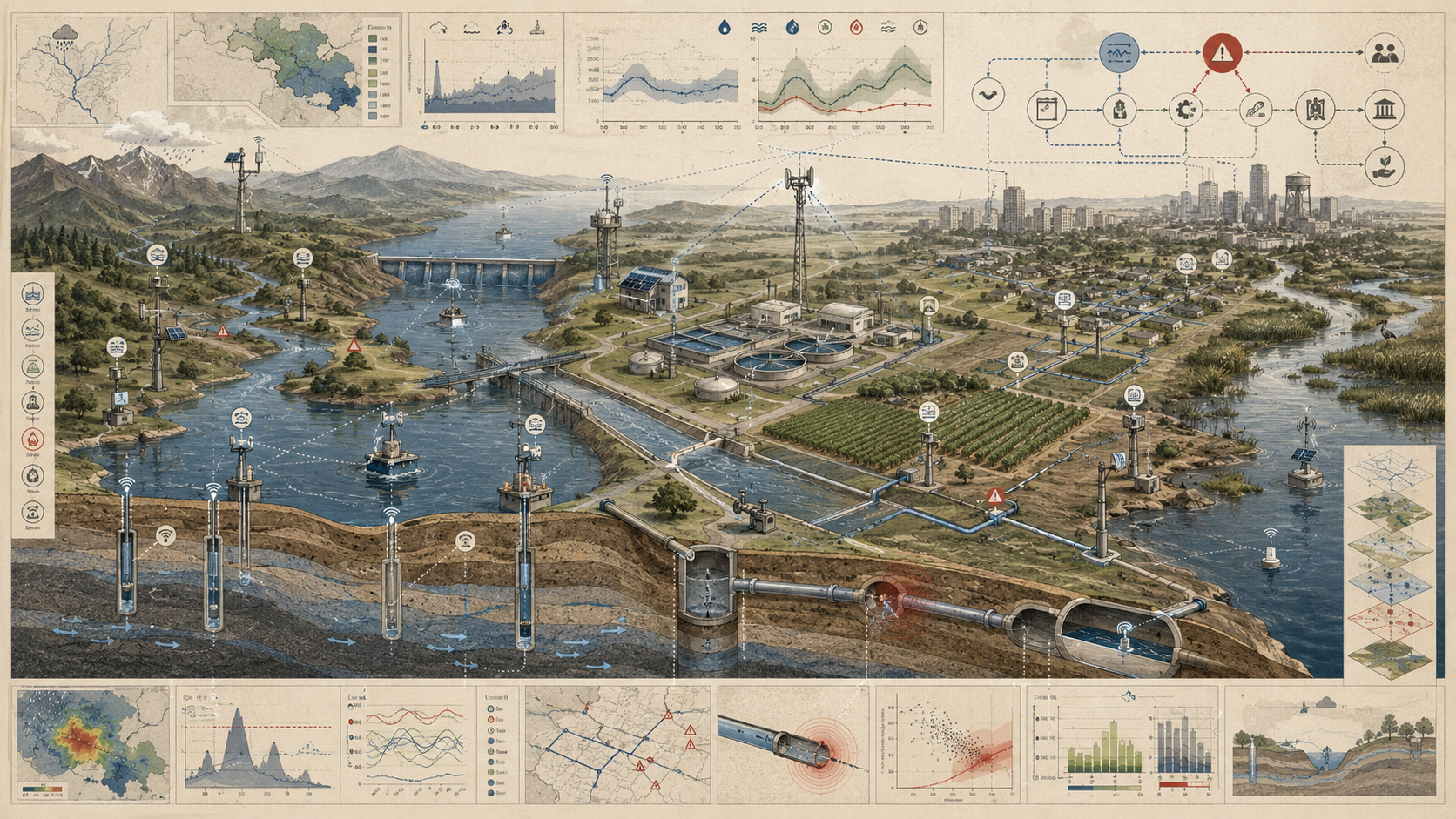 Smart water systems diagram showing rivers, reservoirs, treatment facilities, groundwater sensors, pipelines, telemetry networks, alerts, analytics, and adaptive water management.