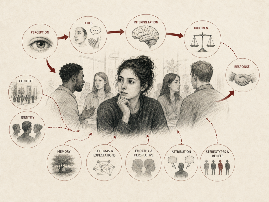 Restrained institutional research illustration showing social cognition as a process of perceiving others, reading cues, interpreting meaning, forming judgments, and responding, shaped by context, identity, memory, schemas, empathy, attribution, stereotypes, and beliefs.