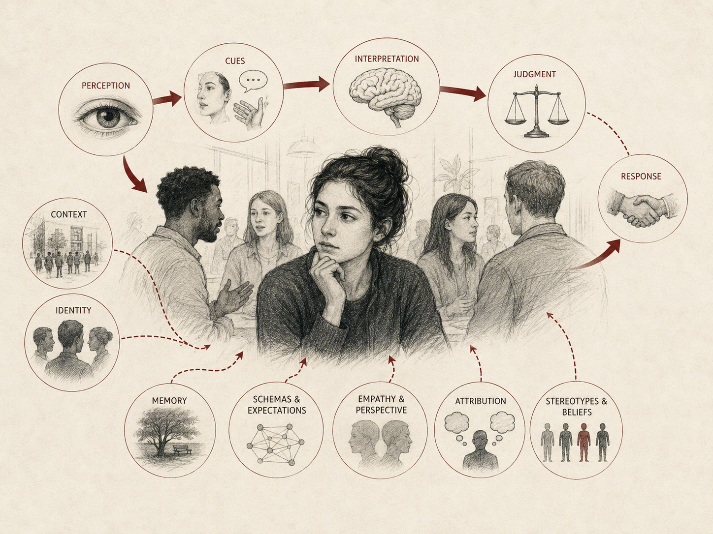 Restrained institutional research illustration showing social cognition as a process of perceiving others, reading cues, interpreting meaning, forming judgments, and responding, shaped by context, identity, memory, schemas, empathy, attribution, stereotypes, and beliefs.