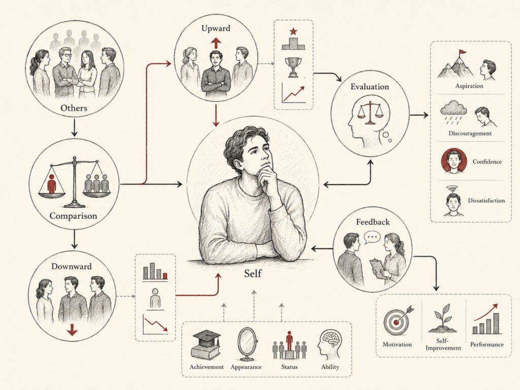 Restrained institutional research illustration showing social comparison theory as a process of self-evaluation through others, upward and downward comparison, feedback, achievement, appearance, status, ability, motivation, self-improvement, and performance.