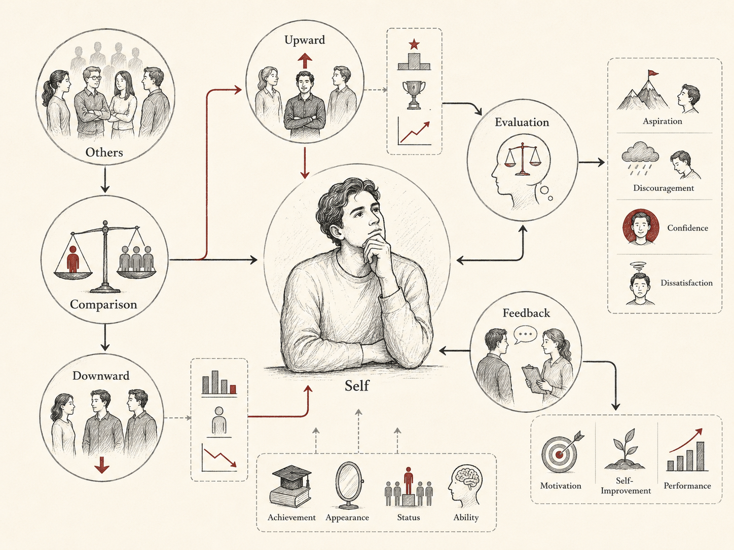 Restrained institutional research illustration showing social comparison theory as a process of self-evaluation through others, upward and downward comparison, feedback, achievement, appearance, status, ability, motivation, self-improvement, and performance.
