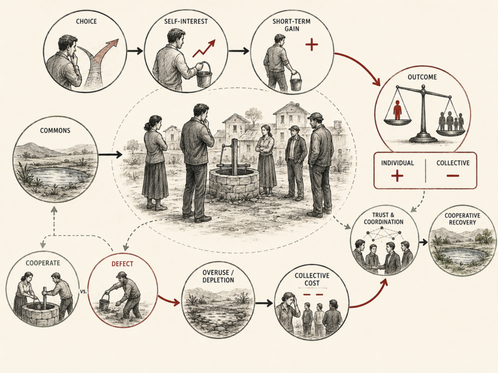 Restrained institutional research illustration showing a social dilemma in which individual self-interest and short-term gain can lead to overuse, depletion, collective cost, and reduced welfare unless cooperation, trust, and coordination emerge.