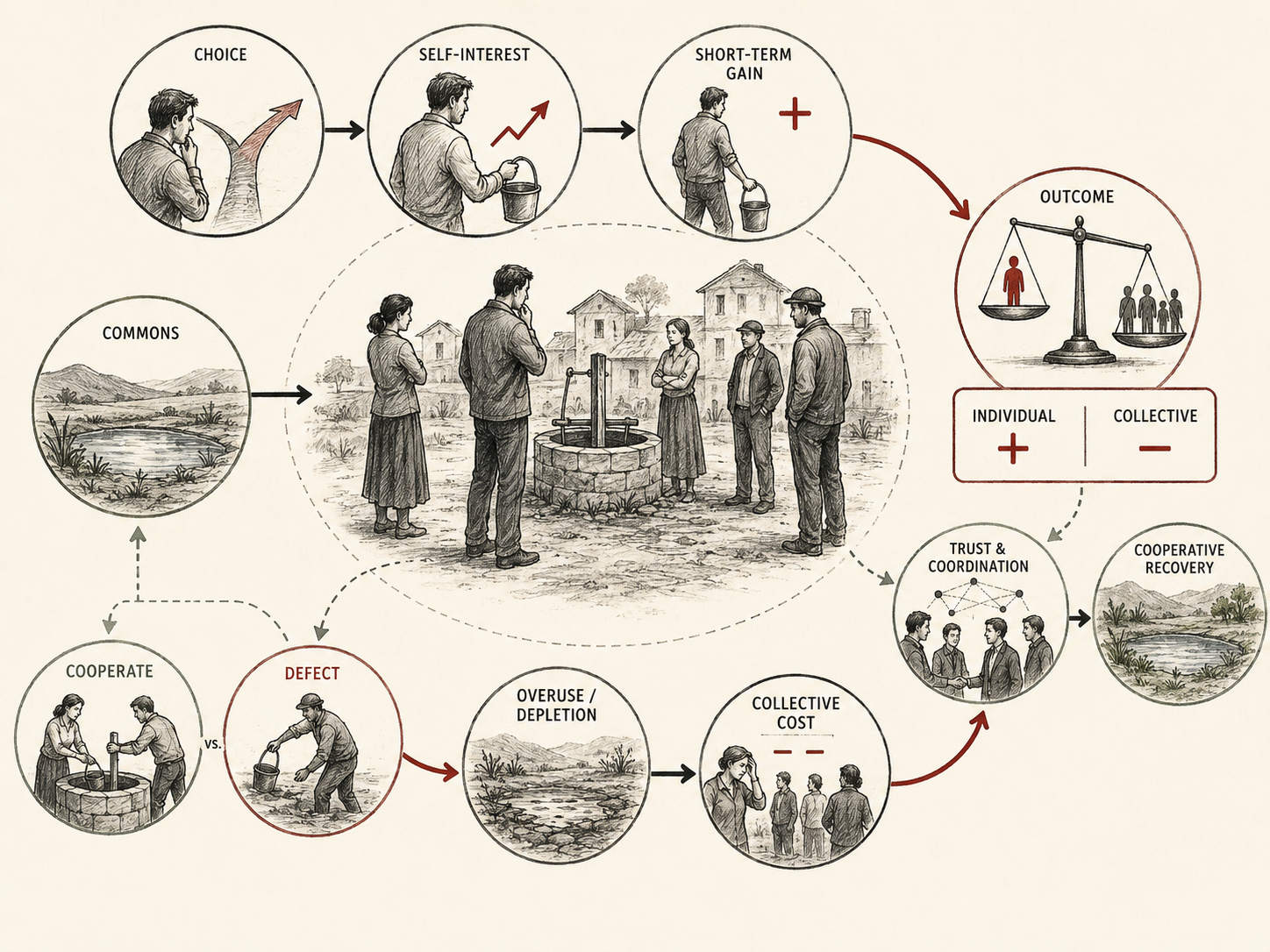 Restrained institutional research illustration showing a social dilemma in which individual self-interest and short-term gain can lead to overuse, depletion, collective cost, and reduced welfare unless cooperation, trust, and coordination emerge.