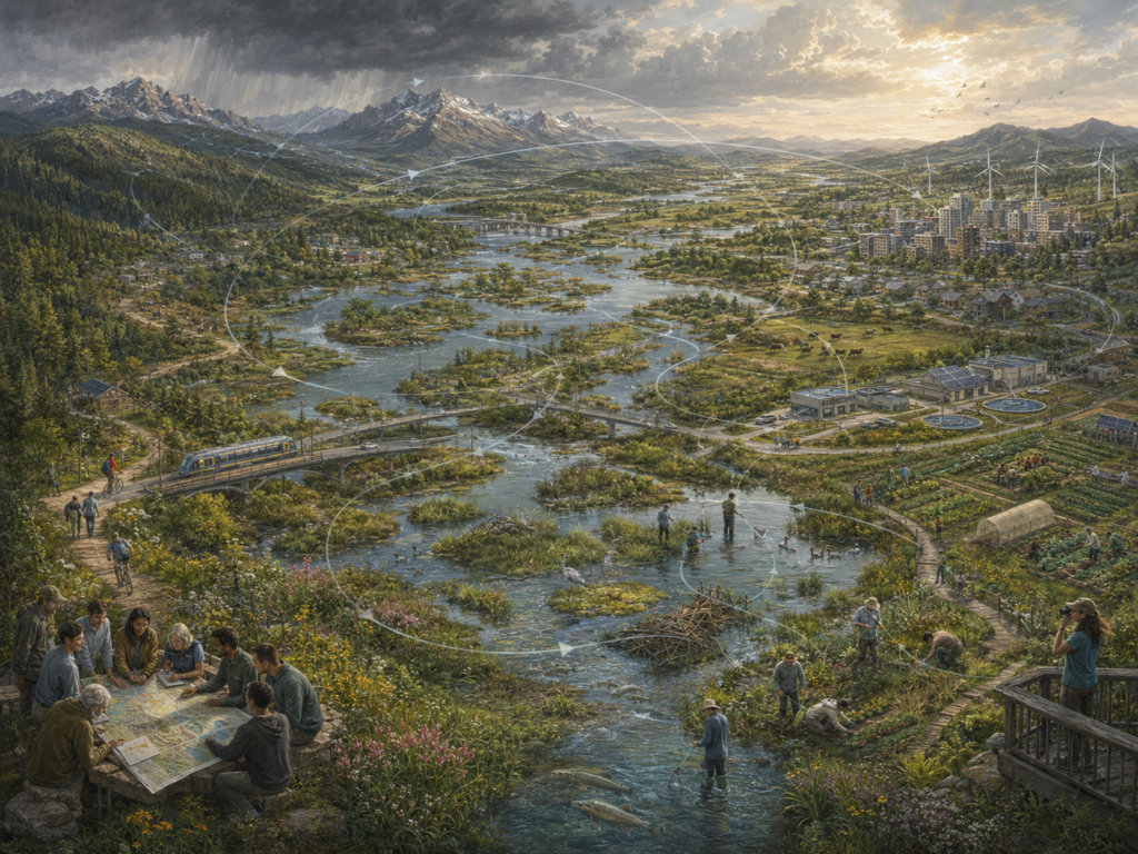 Panoramic editorial illustration of a connected watershed, wetlands, farms, city, transit, renewable energy, wildlife, and communities working within one social-ecological system.