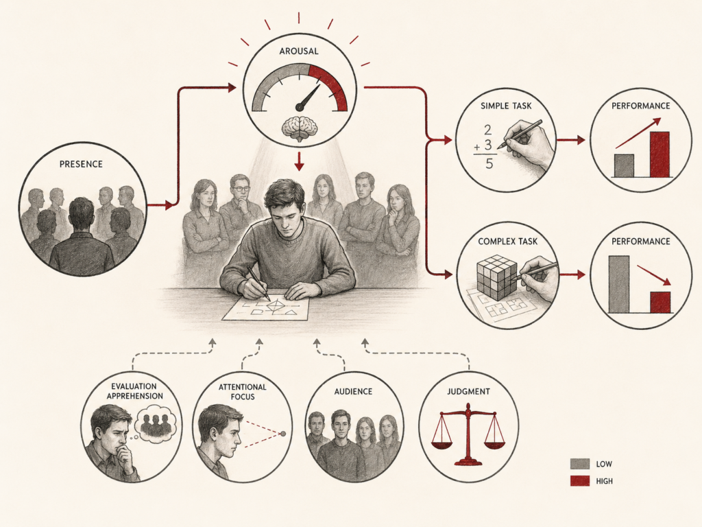Restrained institutional research illustration showing social facilitation as the effect of others’ presence on arousal, evaluation apprehension, attentional focus, audience awareness, task difficulty, judgment, and performance.