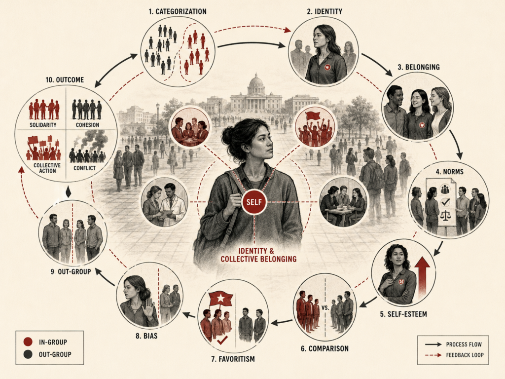 Restrained institutional research illustration showing social identity theory as a process of social categorization, identity, belonging, norms, self-esteem, comparison, favoritism, bias, out-group perception, collective action, cohesion, and intergroup conflict.