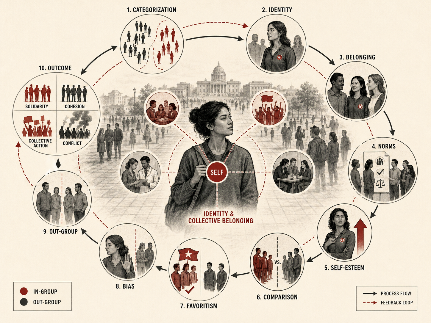 Restrained institutional research illustration showing social identity theory as a process of social categorization, identity, belonging, norms, self-esteem, comparison, favoritism, bias, out-group perception, collective action, cohesion, and intergroup conflict.
