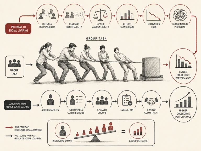 Restrained institutional research illustration showing social loafing as reduced individual effort in group tasks, shaped by diffused responsibility, reduced identifiability, lower accountability, effort comparison, motivation loss, coordination problems, and collective performance outcomes.