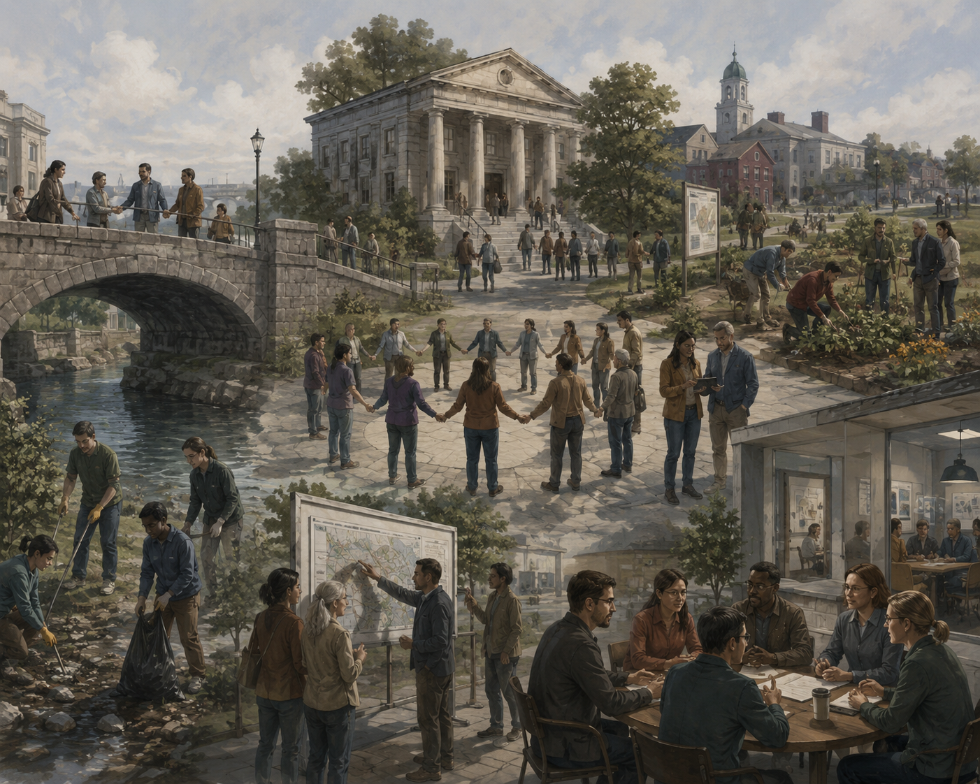 Painterly civic scene showing people cooperating in public spaces, gardens, meetings, bridges, and shared institutional settings.