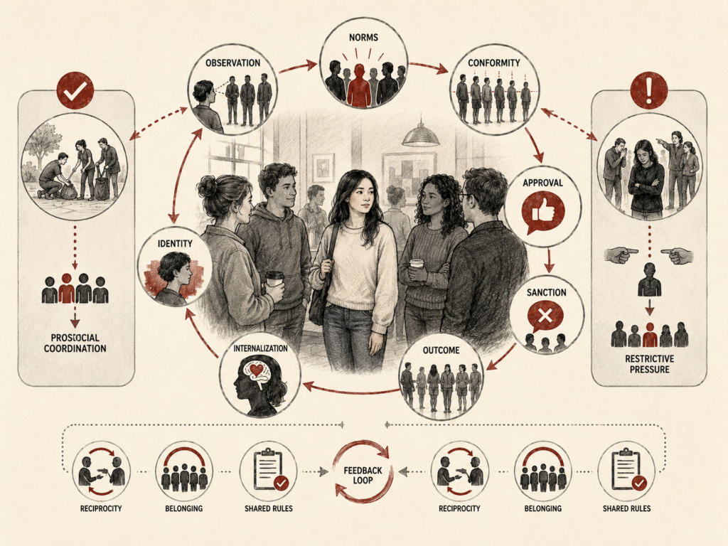 Restrained institutional research illustration showing social norms as group influence processes involving observation, identity, internalization, conformity, approval, sanction, reciprocity, belonging, shared rules, feedback loops, prosocial coordination, and restrictive pressure.