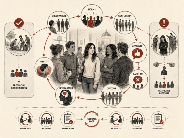 Restrained institutional research illustration showing social norms as group influence processes involving observation, identity, internalization, conformity, approval, sanction, reciprocity, belonging, shared rules, feedback loops, prosocial coordination, and restrictive pressure.