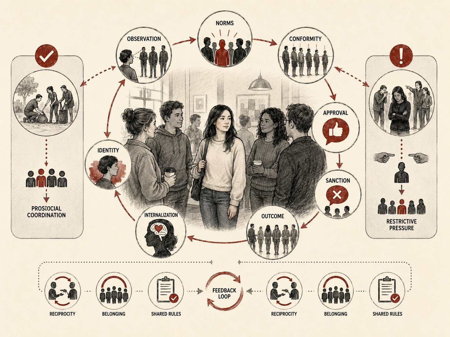Restrained institutional research illustration showing social norms as shared expectations, group behavior, approval, disapproval, sanctions, legitimacy, coordination, and collective order.
