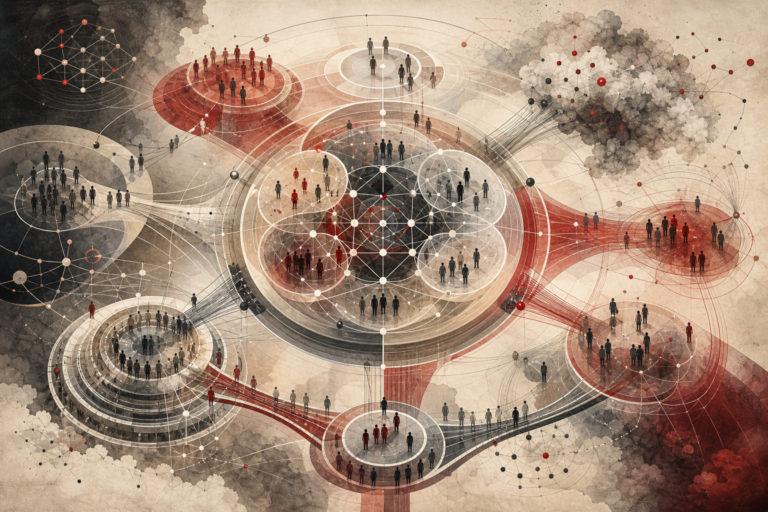 Editorial scientific illustration of social psychology as an interconnected social system, showing identity clusters, group boundaries, influence pathways, trust networks, institutional frames, cooperation bridges, and conflict zones.