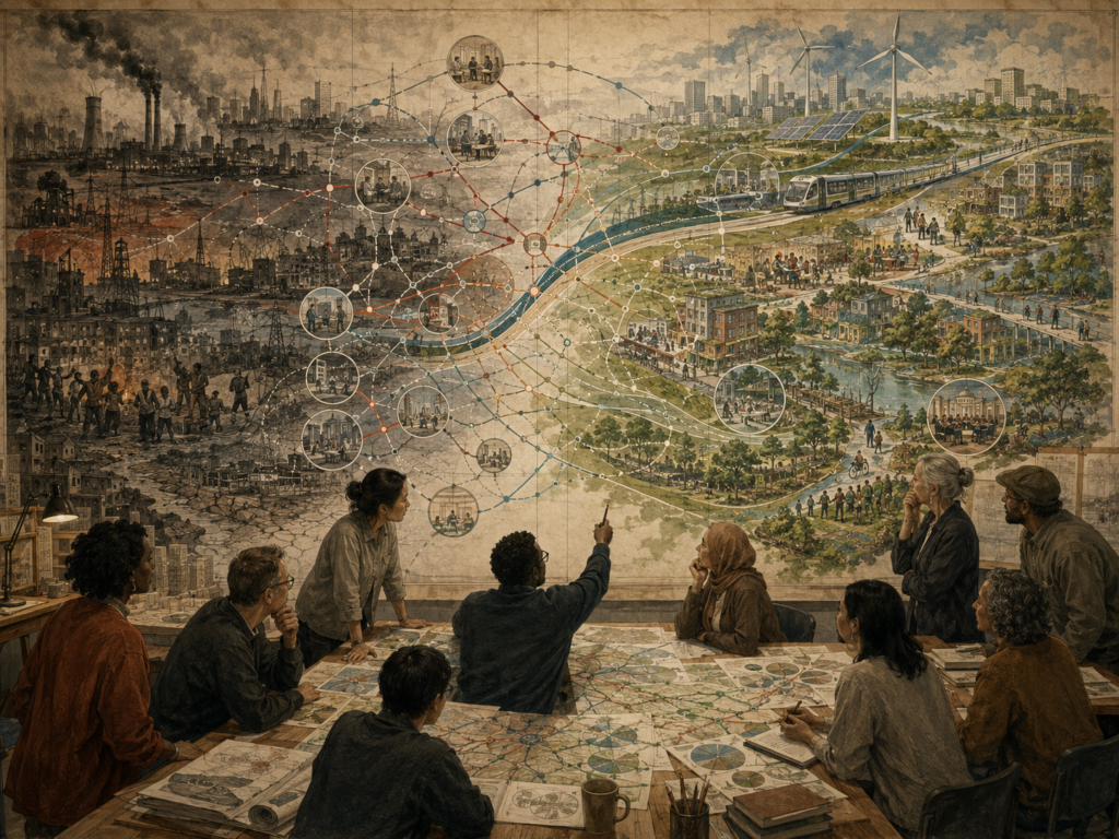 A foresight group studies long-term societal transformation from industrial decline toward resilient communities, renewable systems, public institutions, and ecological restoration.