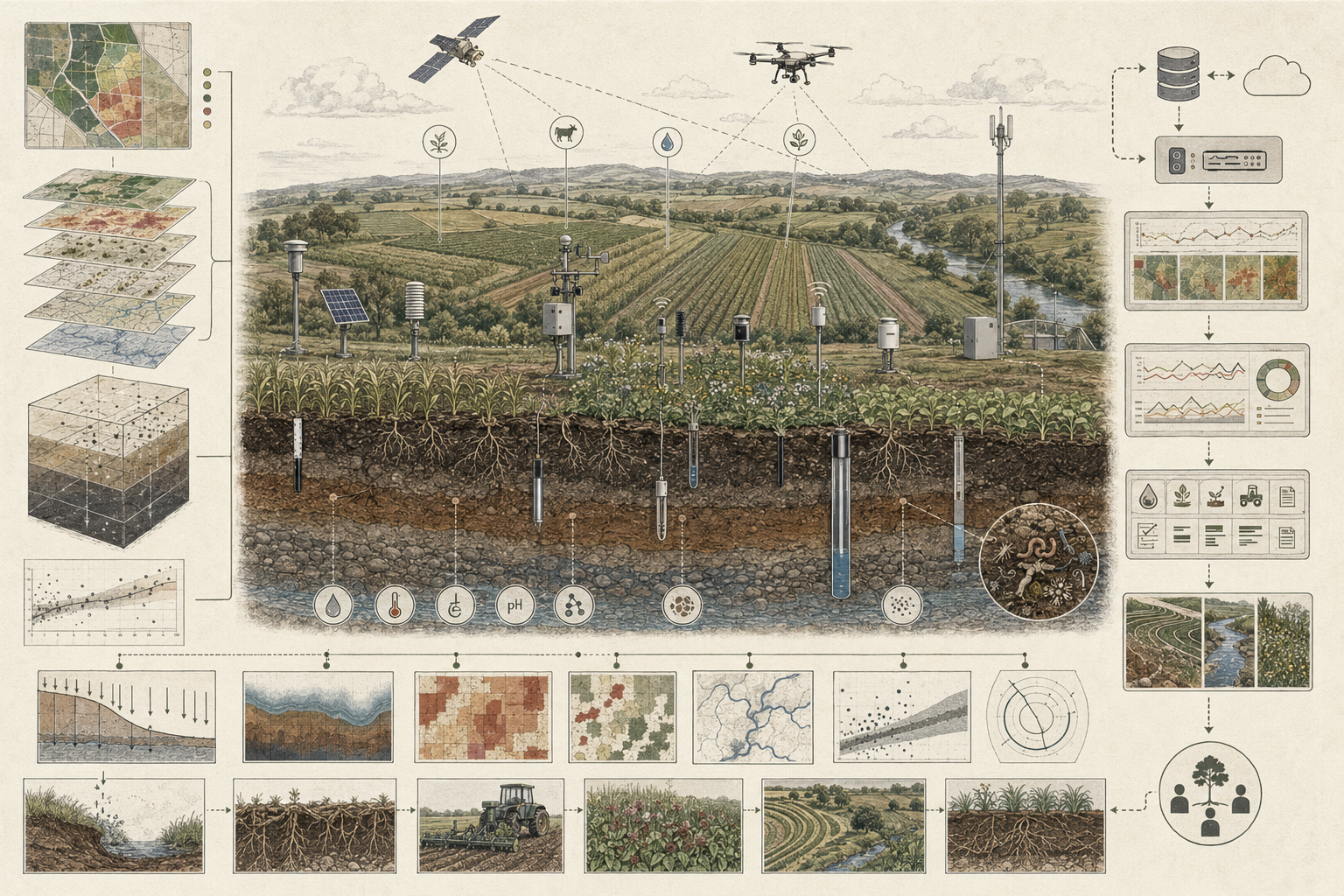 Institutional soil monitoring diagram showing agricultural fields, soil profiles, field sensors, telemetry, satellite observation, data layers, and land stewardship pathways.