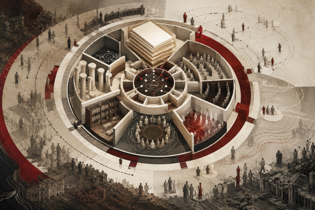 Editorial illustration of the sources of international law shown as a circular layered legal architecture with treaty-like documents, institutional chambers, archives, legal pathways, human figures, and outer rings representing sovereignty, custom, hierarchy, unequal power, and contested global authority.