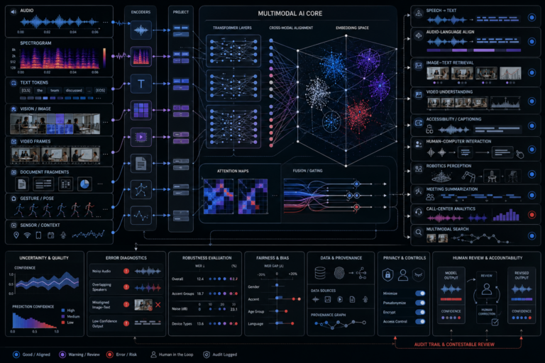 Speech recognition and multimodal AI system showing audio waveforms, spectrograms, text tokens, visual frames, video inputs, document fragments, gesture signals, transformer layers, attention maps, shared embeddings, uncertainty review, privacy controls, human correction loops, and audit accountability.