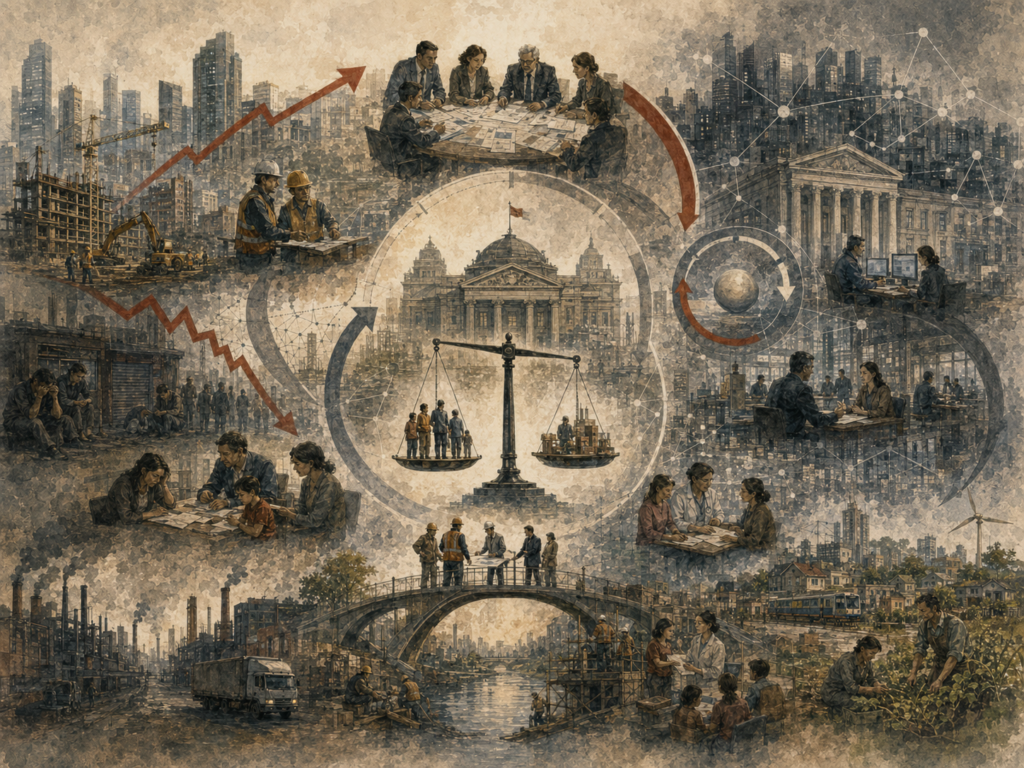 Painterly illustration of stabilization policy, showing public institutions, fiscal planning, monetary tools, workers, households, cities, factories, balance scales, circular arrows, and economic recovery pathways.