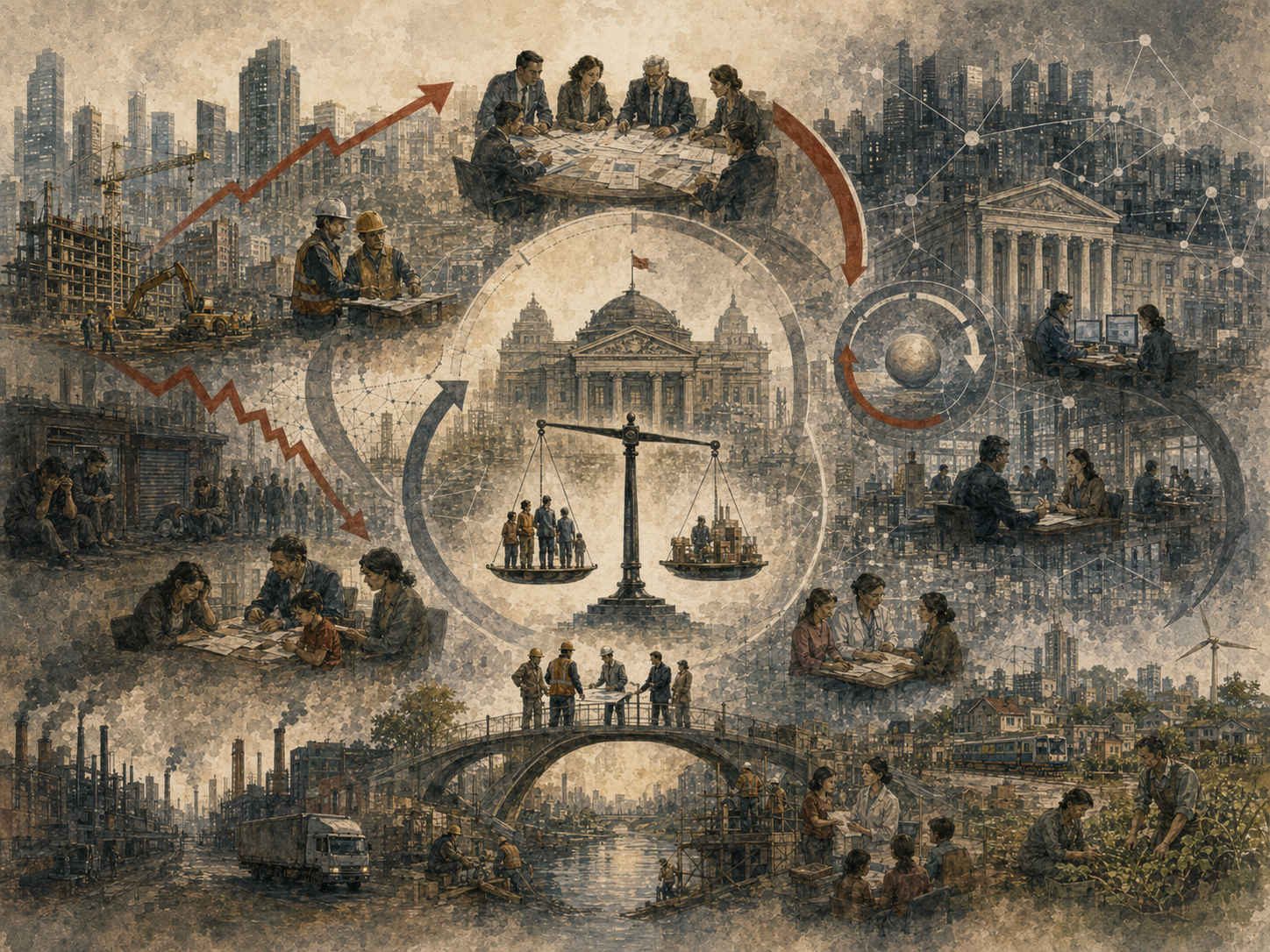 Painterly illustration of stabilization policy, showing public institutions, fiscal planning, monetary tools, workers, households, cities, factories, balance scales, circular arrows, and economic recovery pathways.