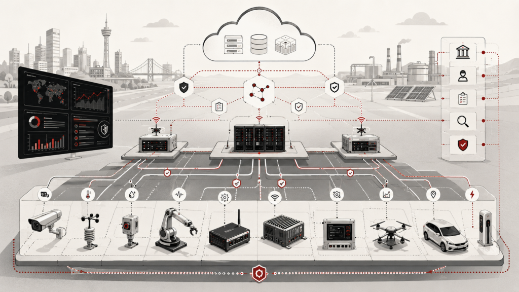 Layered edge infrastructure network connecting sensors, industrial devices, gateways, cloud systems, monitoring dashboards, and governance checkpoints.