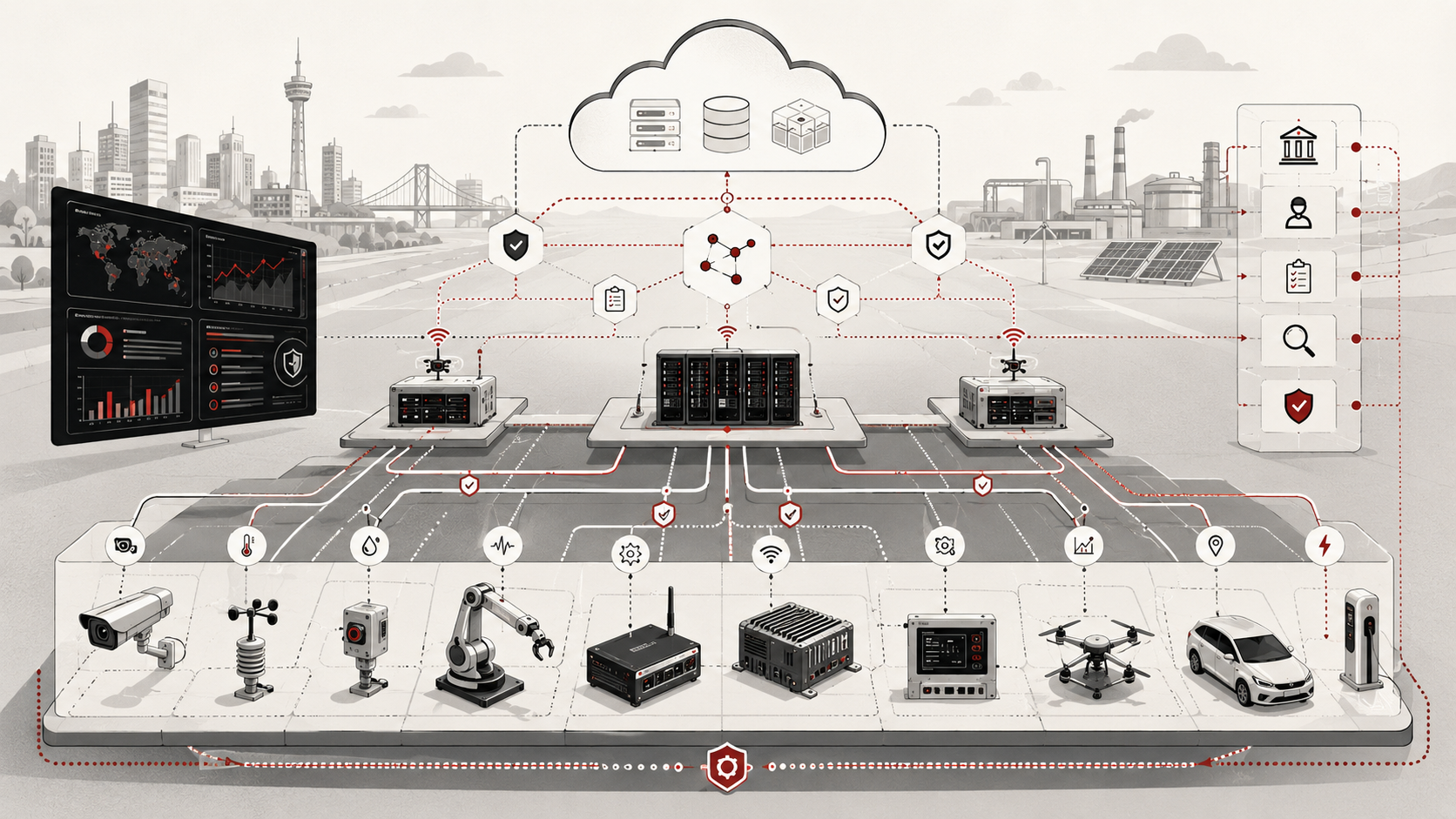 Layered edge infrastructure network connecting sensors, industrial devices, gateways, cloud systems, monitoring dashboards, and governance checkpoints.