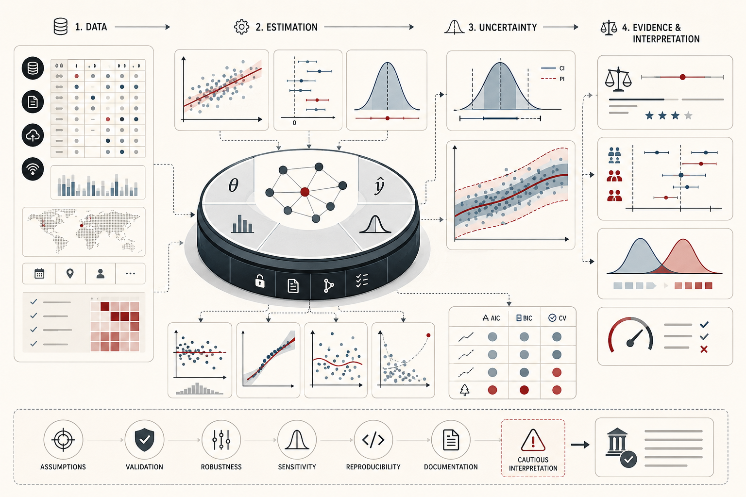 Conceptual statistical modeling illustration showing data inputs, parameter estimation, uncertainty intervals, model diagnostics, validation, robustness checks, evidence interpretation, and cautious analytical conclusions.