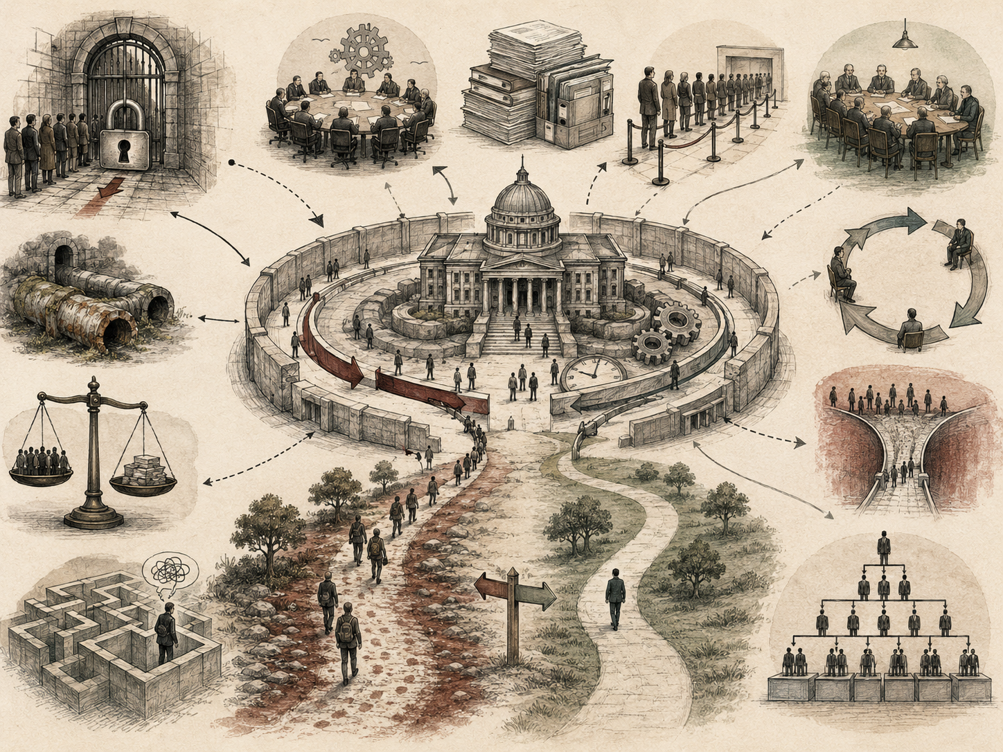 Editorial systems illustration showing status quo bias and institutional inertia through locked institutions, bureaucratic pathways, routines, queues, hierarchy, path dependence, and resistance to change.