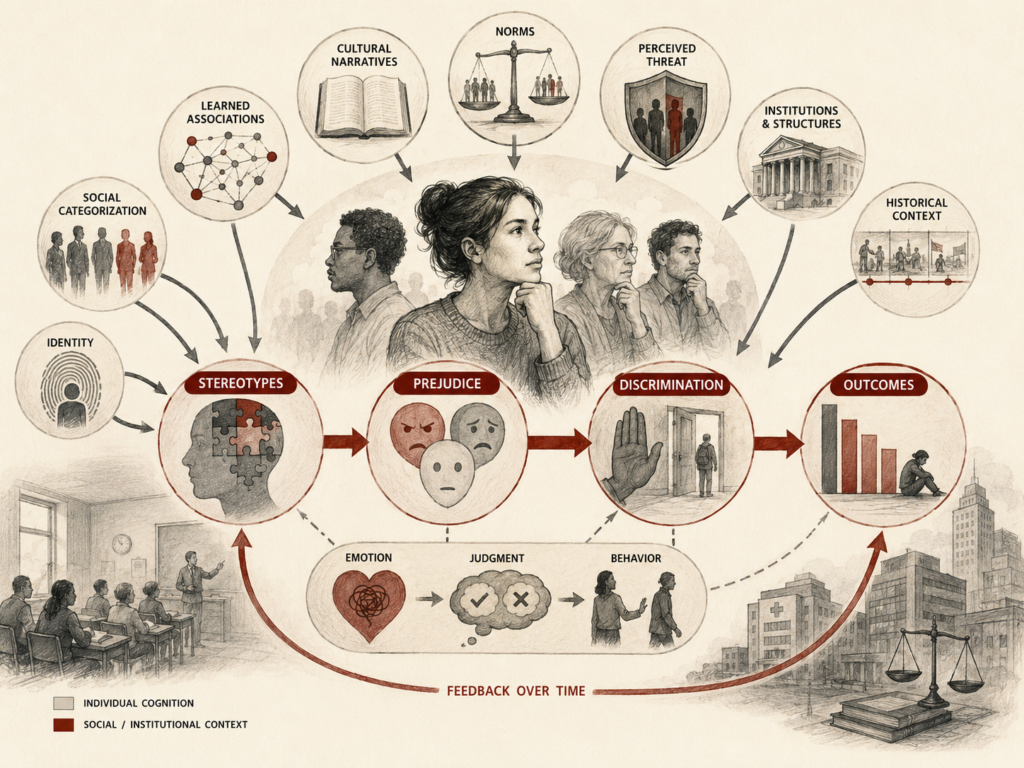Restrained institutional research illustration showing how social categorization, identity, learned associations, cultural narratives, norms, perceived threat, institutions, and historical context shape stereotypes, prejudice, discrimination, and unequal outcomes.