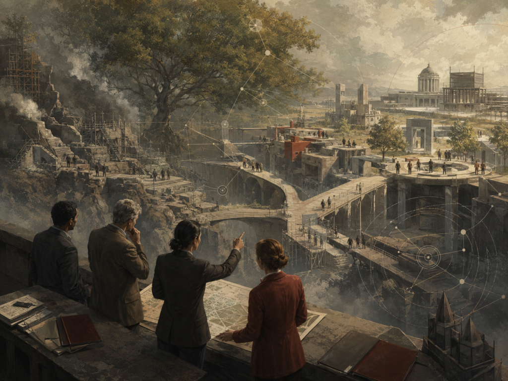 Restrained institutional illustration of leaders reviewing maps above a complex organizational landscape of bridges, civic structures, networks, scaffolding, and branching pathways.