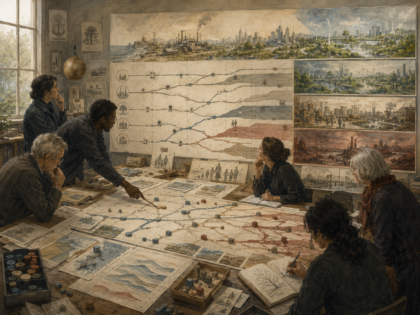 Researchers study long-term scenario pathways, branching timelines, future landscapes, uncertainty markers, and systems maps in an institutional planning room.
