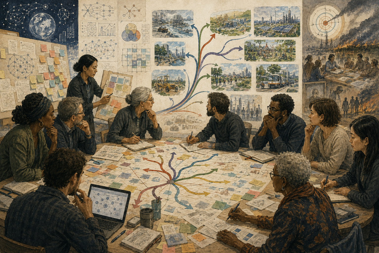 A diverse foresight team uses maps, scenario pathways, systems diagrams, and future signals to compare strategic futures.
