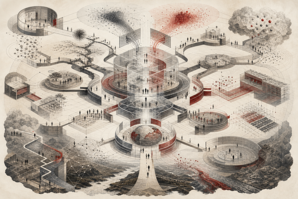 Editorial scientific illustration of strategic ideation as an architecture-of-ideas systems framework, showing problem framing, divergent and convergent thinking, mental models, systems thinking, design inquiry, prototyping, scenario planning, decision pathways, tradeoffs, strategic fit, implementation pathways, adaptive learning, knowledge architecture, institutional memory, ethics, power, and long-term action.