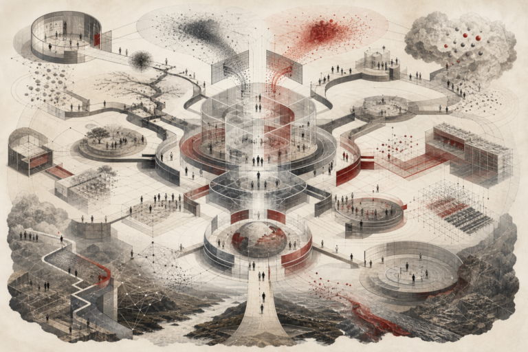 Editorial scientific illustration of strategic ideation as an architecture-of-ideas systems framework, showing problem framing, divergent and convergent thinking, mental models, systems thinking, design inquiry, prototyping, scenario planning, decision pathways, tradeoffs, strategic fit, implementation pathways, adaptive learning, knowledge architecture, institutional memory, ethics, power, and long-term action.