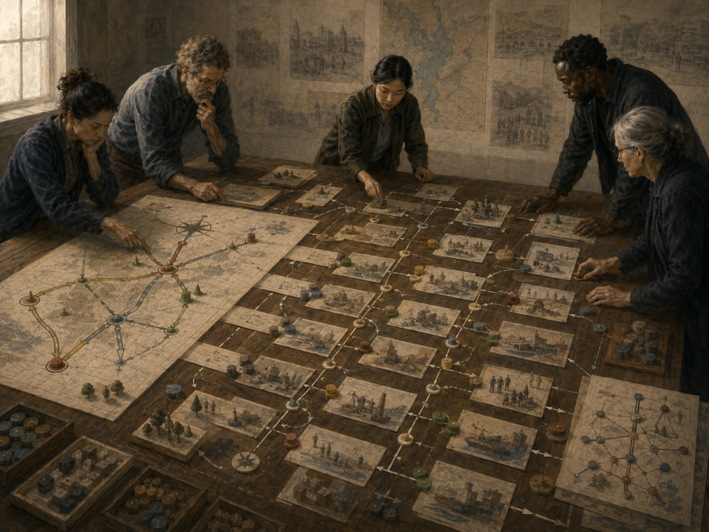 Strategists organize implementation pathways, alignment maps, action cards, tokens, dependencies, and strategic routes on a large institutional planning table.