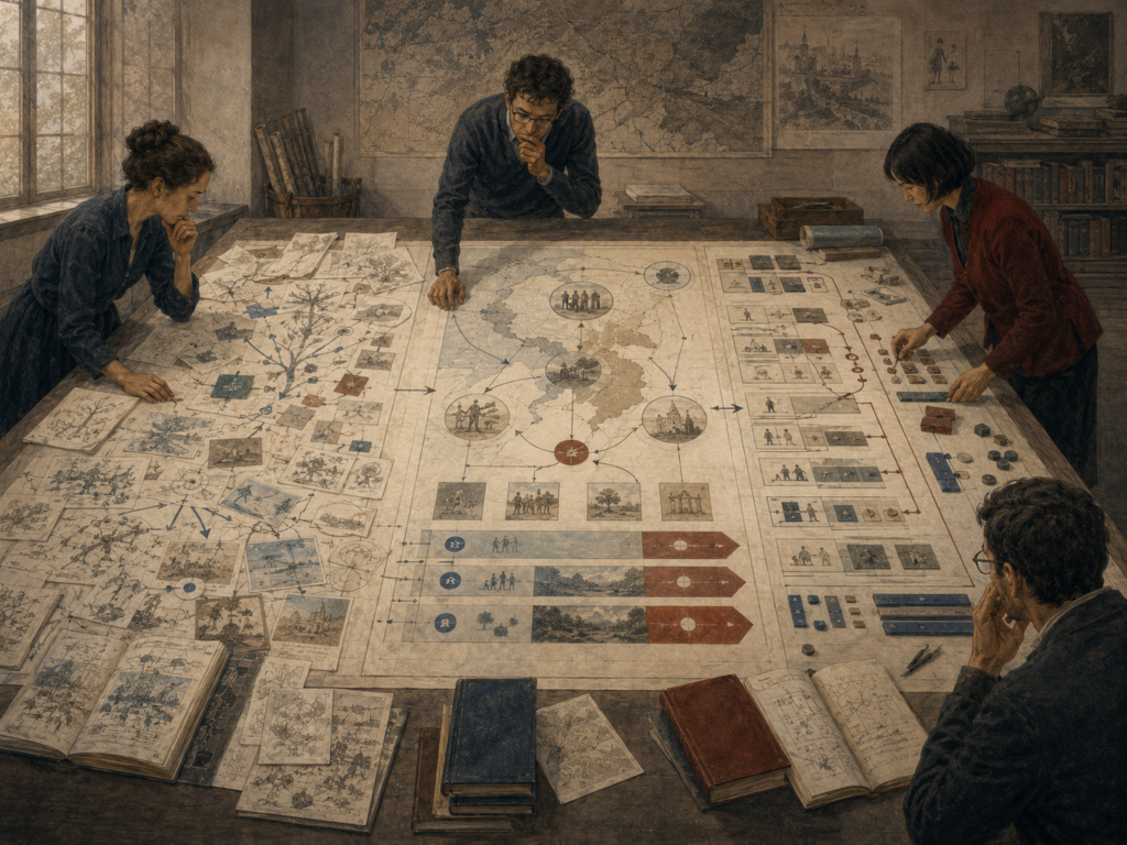 Researchers study a large planning table divided into exploratory ideas, strategic pathways, and tactical implementation steps, showing the relationship between ideation, strategy, and tactics.