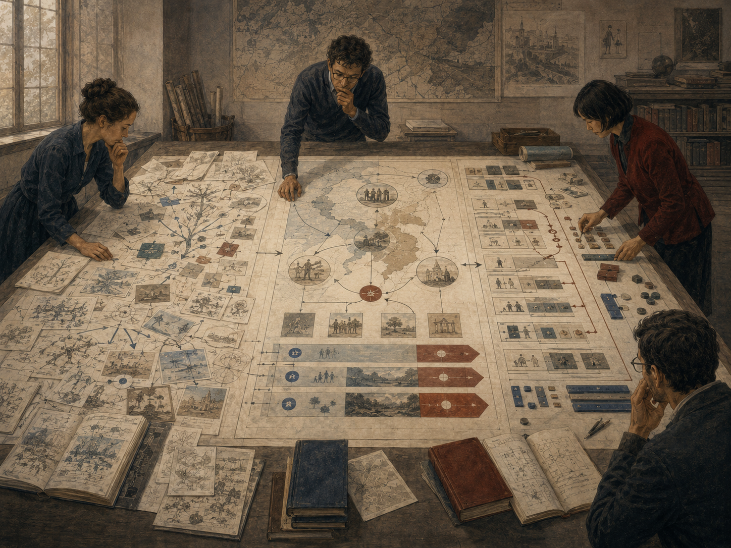 Researchers study a large planning table divided into exploratory ideas, strategic pathways, and tactical implementation steps, showing the relationship between ideation, strategy, and tactics.