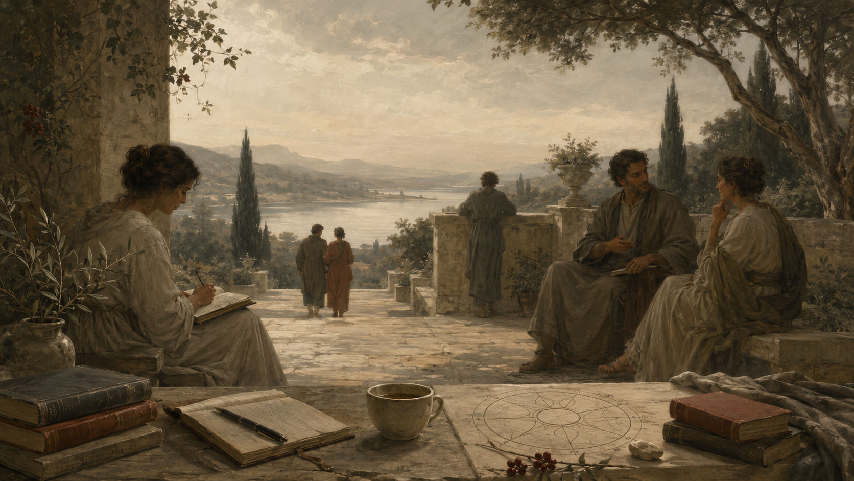Restrained classical terrace scene with figures writing, conversing, walking, and reflecting beside a quiet landscape, symbolizing subjective well-being and life satisfaction.