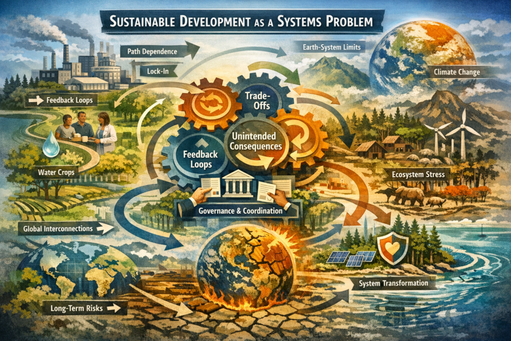 Conceptual illustration of sustainable development as a systems problem, showing feedback loops, interdependence, governance, infrastructure, ecological limits, and long-run resilience.