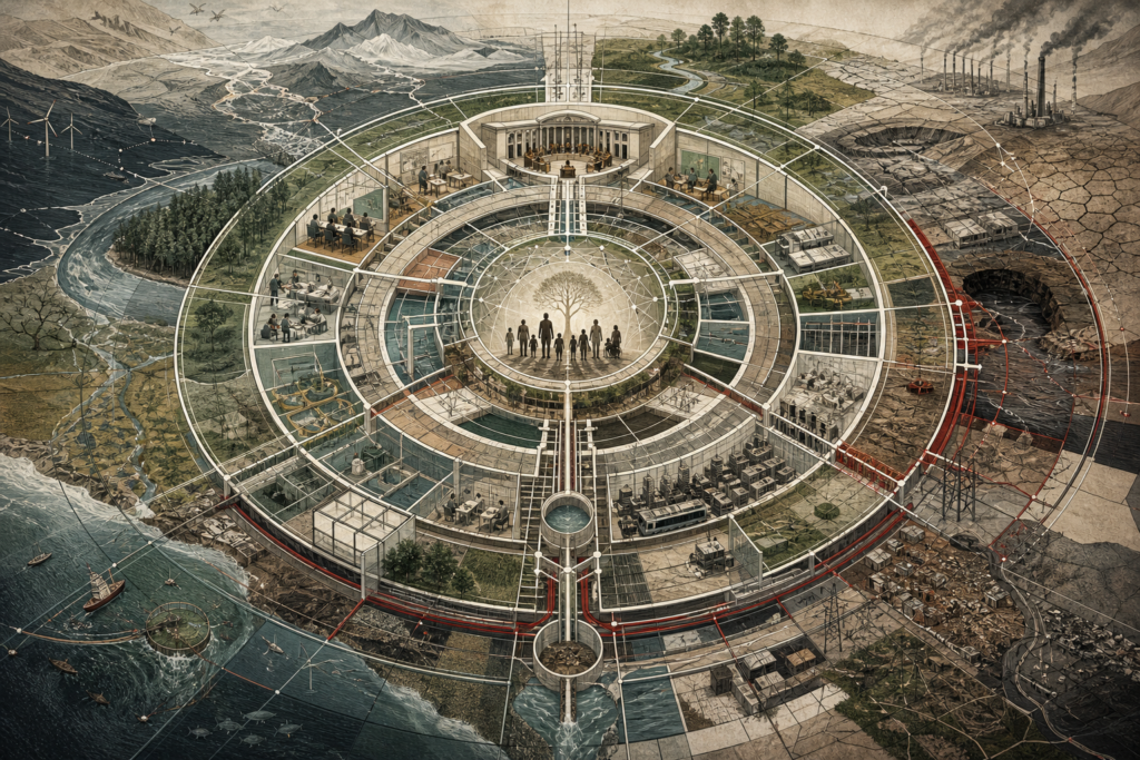 Editorial illustration of sustainable development shown as a layered social-ecological system with a central human and ecological core, interconnected civic and environmental structures, waterways, infrastructure, energy systems, cities, and stressed landscapes.