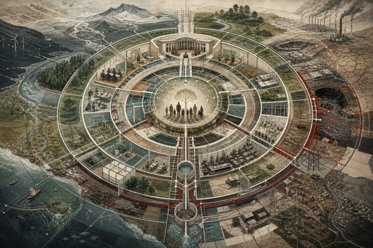 Editorial illustration of sustainable development shown as a layered social-ecological system with a central human and ecological core, interconnected civic and environmental structures, waterways, infrastructure, energy systems, cities, and stressed landscapes.