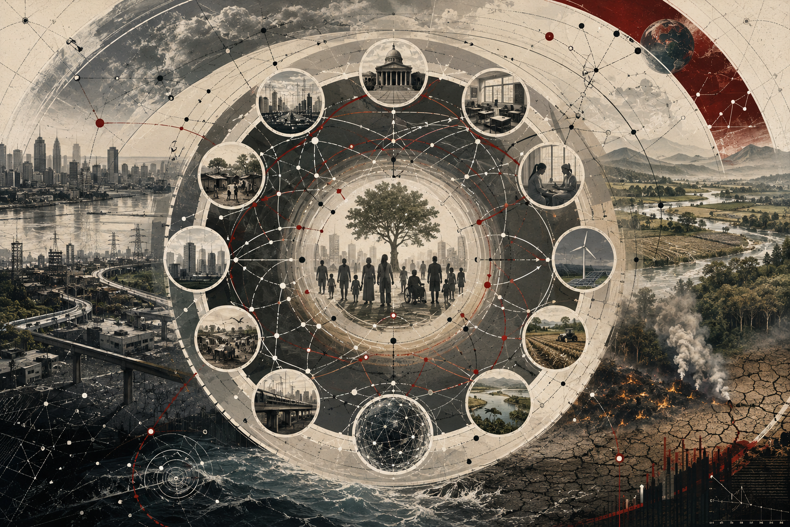 Editorial systems illustration showing sustainable development as an interconnected landscape of people, governance, infrastructure, energy, food, water, cities, ecosystems, climate risk, and planetary limits linked through feedback loops and network pathways.