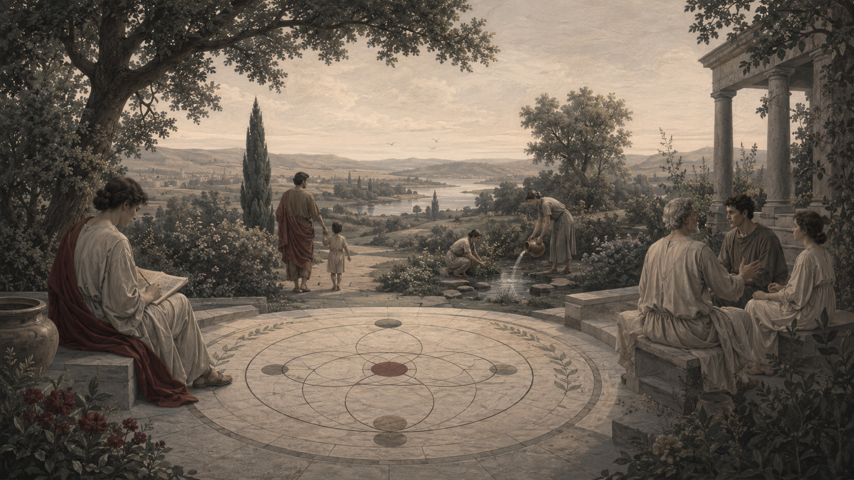 Restrained classical landscape showing people in reflection, conversation, caregiving, and stewardship, symbolizing sustainable well-being across community and ecology.